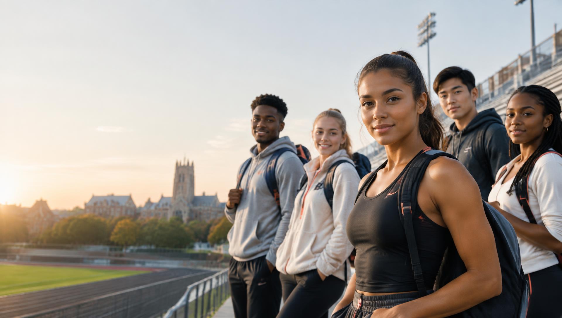 College students and athletes together at a campus stadium